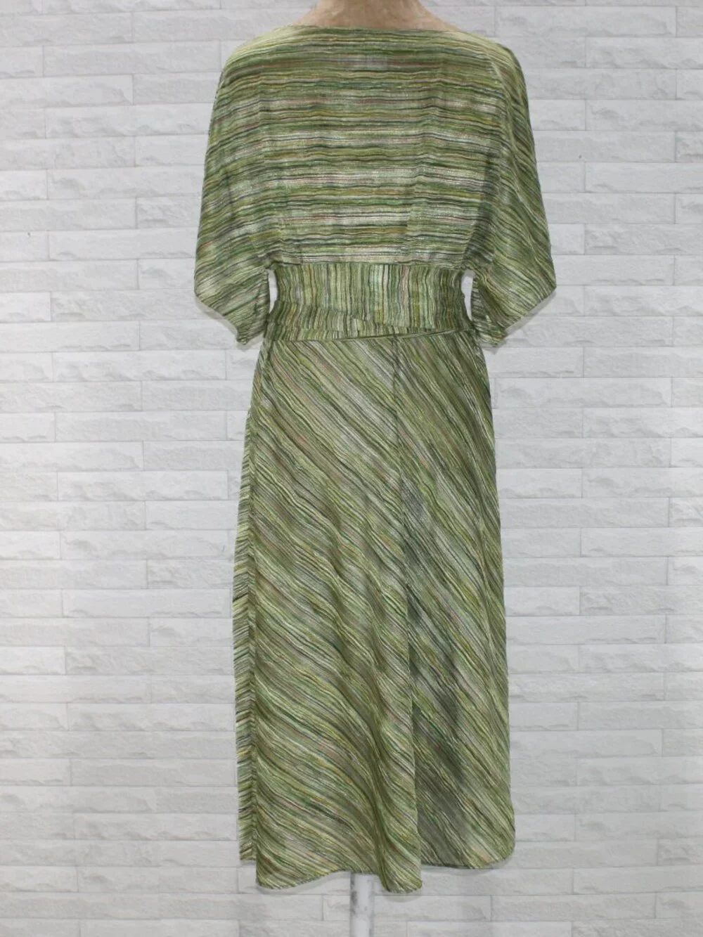 ADRIANNA PAPELL Dress Faux Wrap Stripe Midi Multi-color Green Tan Cream 12 - Picture 5 of 15